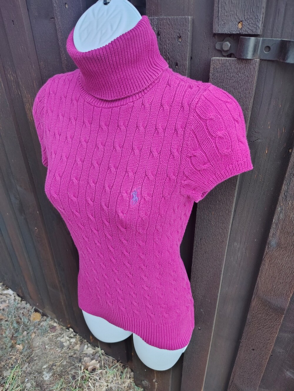 Ralph Lauren Fuchsia Cable-Knit Short Sleeve Turtleneck Sweater
